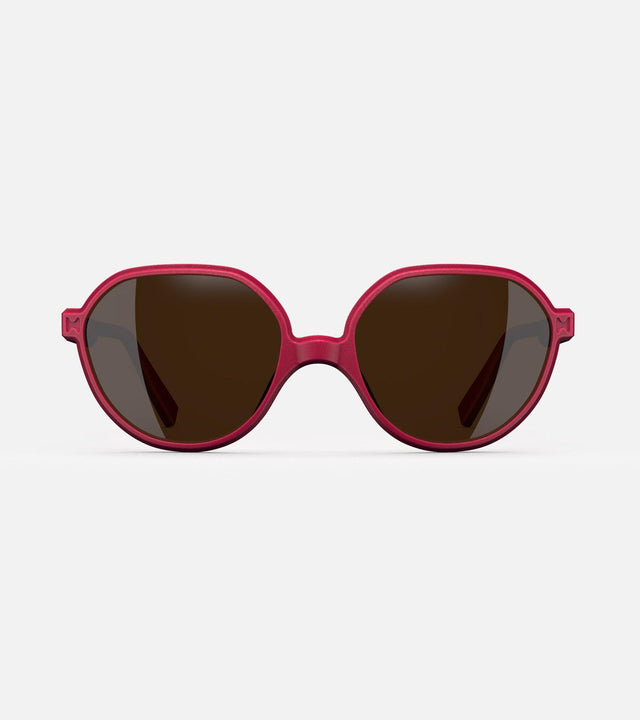 3D printed red round sunglasses with brown lenses, offering a stylish and sustainable choice for low nose bridges