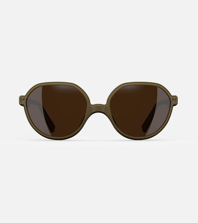 3D printed khaki round sunglasses with brown lenses, offering a stylish and sustainable choice for low nose bridges