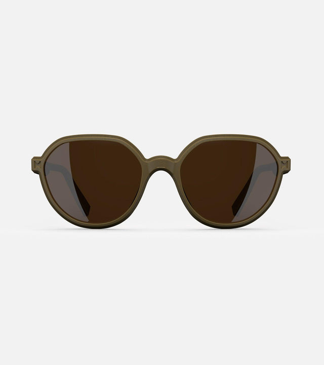 3D printed khaki round sunglasses with brown lenses, offering a stylish and sustainable choice for low nose bridges