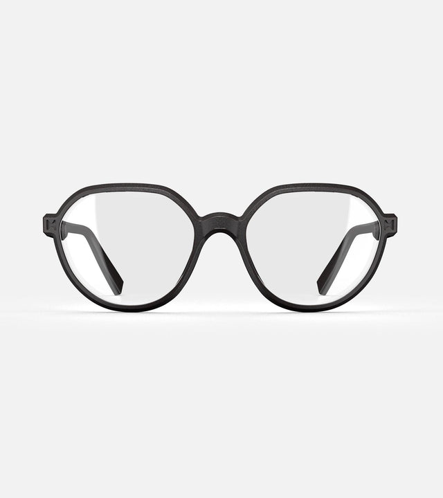 3D printed black round eyeglasses with unique frame design, offering a stylish and sustainable choice for all face shapes