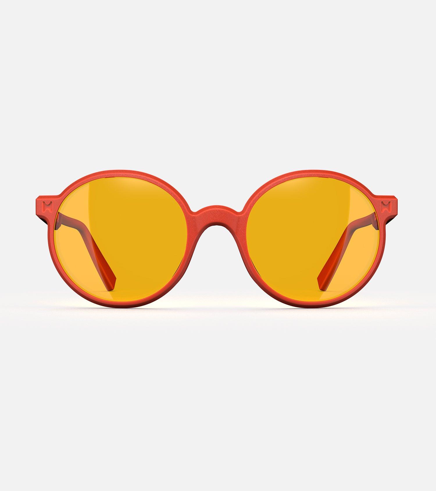 Round orange 3D-printed glasses with yellow lenses are designed for an excellent fit across various nose profiles. Offering stylish and comfortable option for those seeking unique and customizable eyewear.