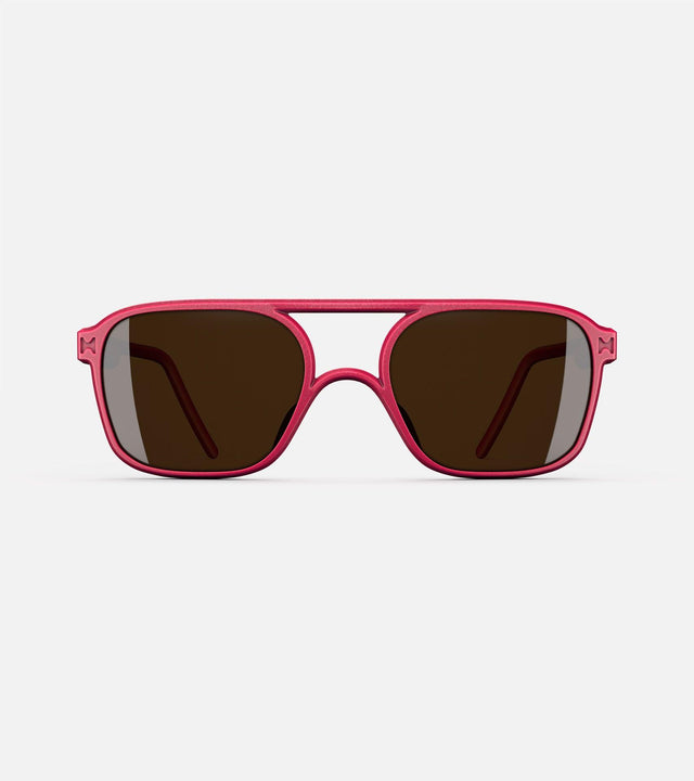 Wide bridge, bordeaux rectangular framed sunglasses with brown lenses by reframd, featuring a modern design. Front view.