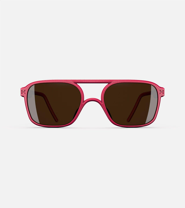 Red aviator glasses with a double bridge design, featuring dark lenses and sleek side arms for a bold, modern look.