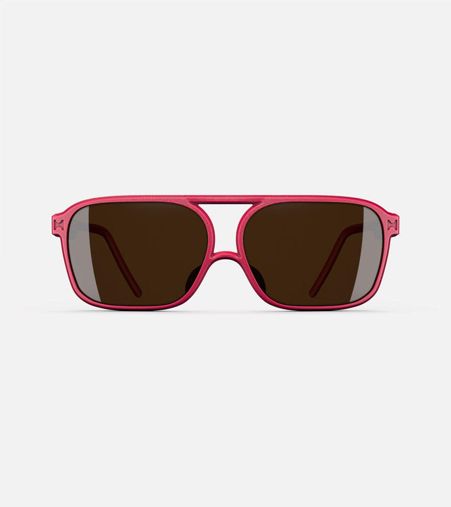 Red aviator glasses with a double bridge design, featuring dark lenses and sleek side arms for a bold, modern look.