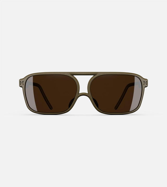Low bridge, olive rectangular framed sunglasses with orange lenses by REFRAMD, featuring a modern design. Front view.