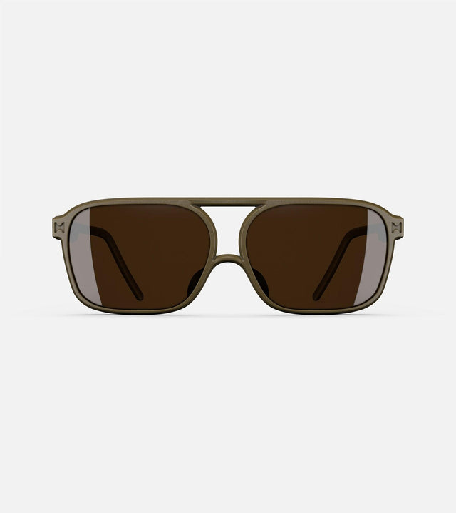 Olive green aviator glasses with a double bridge design, featuring dark lenses and sleek side arms for a bold, modern look.